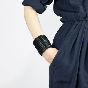 Wide black leather bracelet cuff bangles recycled leather pleated