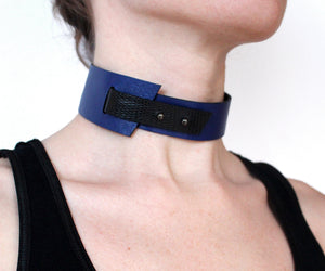 Reversible black + blue collar necklace-adjustable, black, black and blue, black leather, black necklace, blue, bright, choker, collar, designer, Designer jewelry, geometric, goth, Jewelry, leather choker, leather chokerchoker, leather collar, leather jewelry, leather necklace, minimal, minimalist, Necklace, recycled, Recycled jewelry, recycled_leather, simple, tie, unique, wide necklace-Mimikri