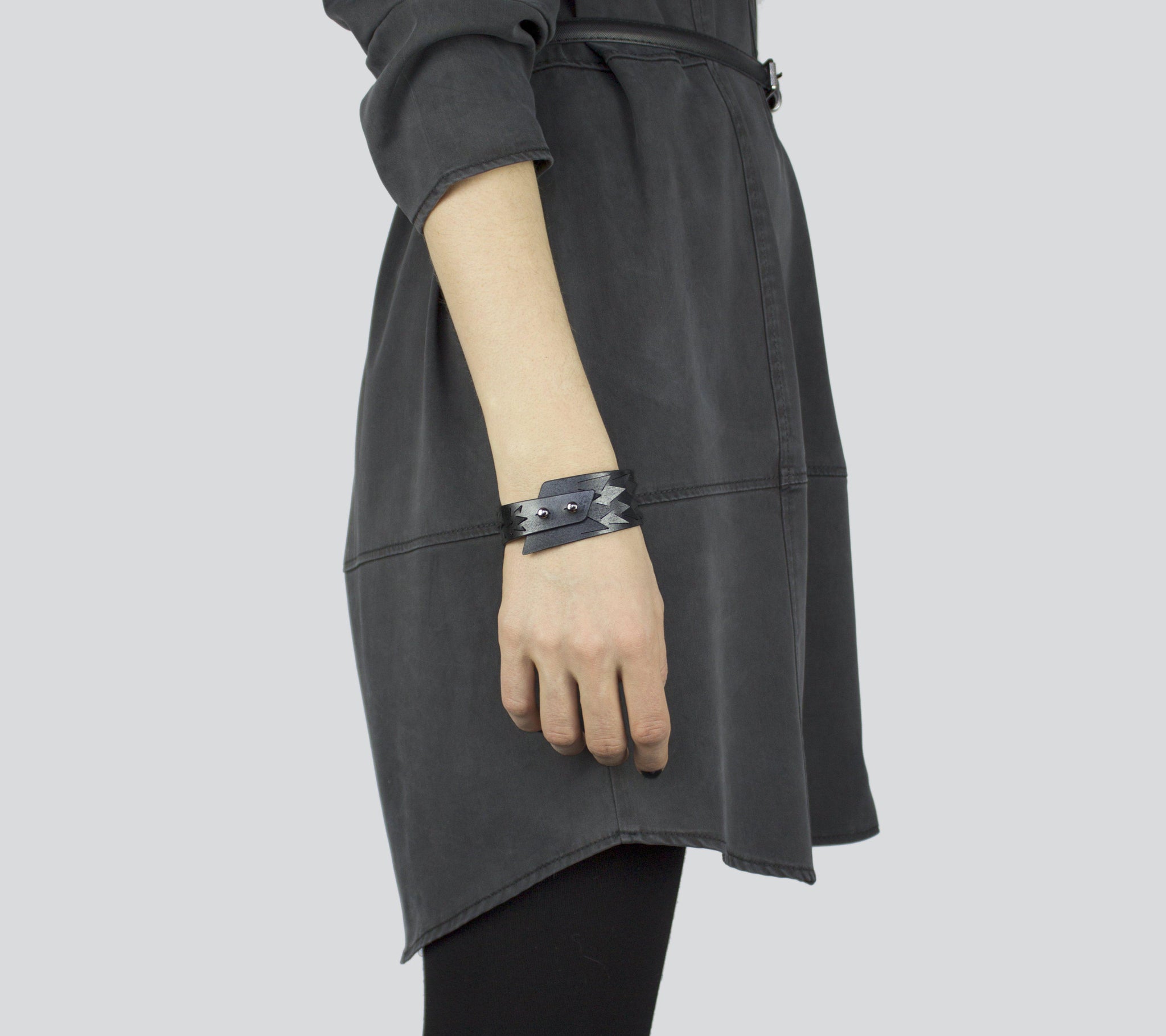 'IRIS' genuine leather cuff bracelet, hollow cut out women's bangles-adjustable, anthracite, bangles, Bracelet, contemporary, cuff, design, designer, designer bracelet, designer jewelry, geometric, goth, Jewelry, laser_cut, leather bracelet, leather jewelry, metallic, metallic leather, minimal, painted, pangolin, wide bracelet, zerowaste-Mimikri