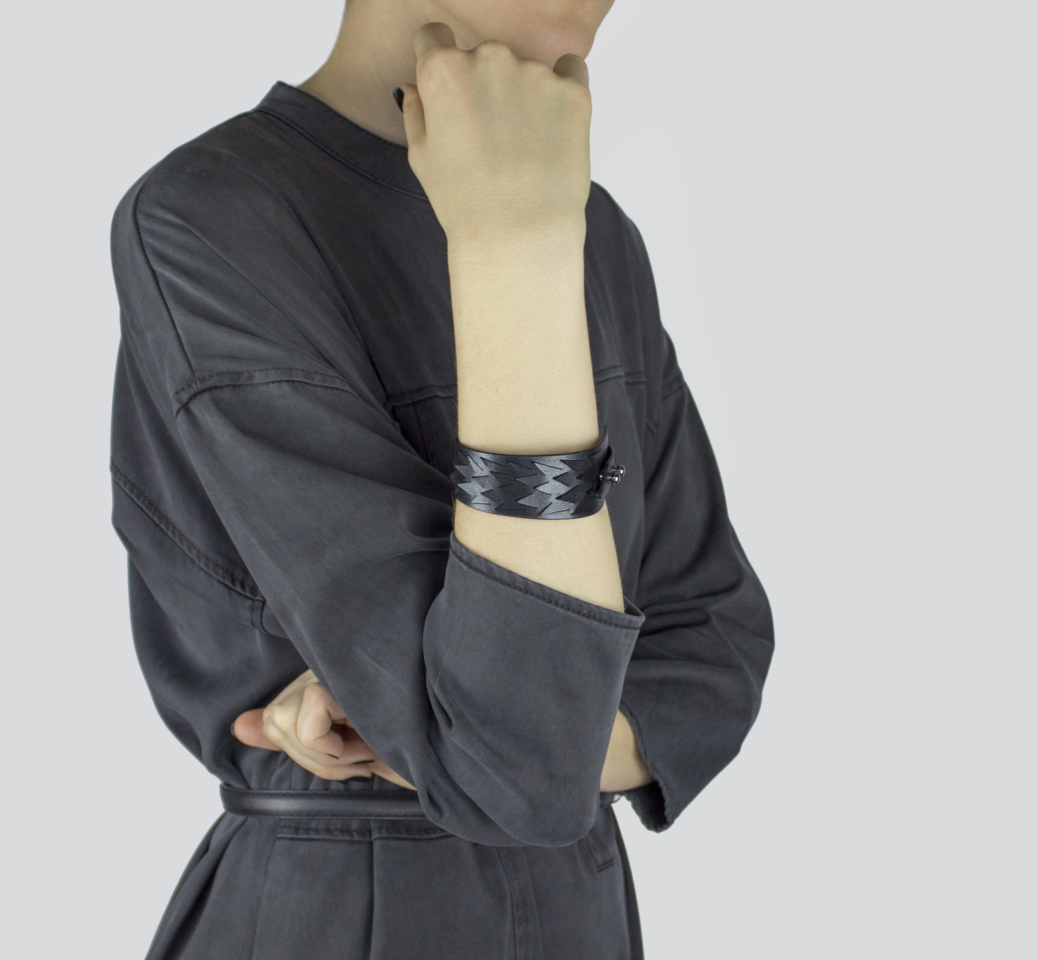 'IRIS' genuine leather cuff bracelet, hollow cut out women's bangles-adjustable, anthracite, bangles, Bracelet, contemporary, cuff, design, designer, designer bracelet, designer jewelry, geometric, goth, Jewelry, laser_cut, leather bracelet, leather jewelry, metallic, metallic leather, minimal, painted, pangolin, wide bracelet, zerowaste-Mimikri