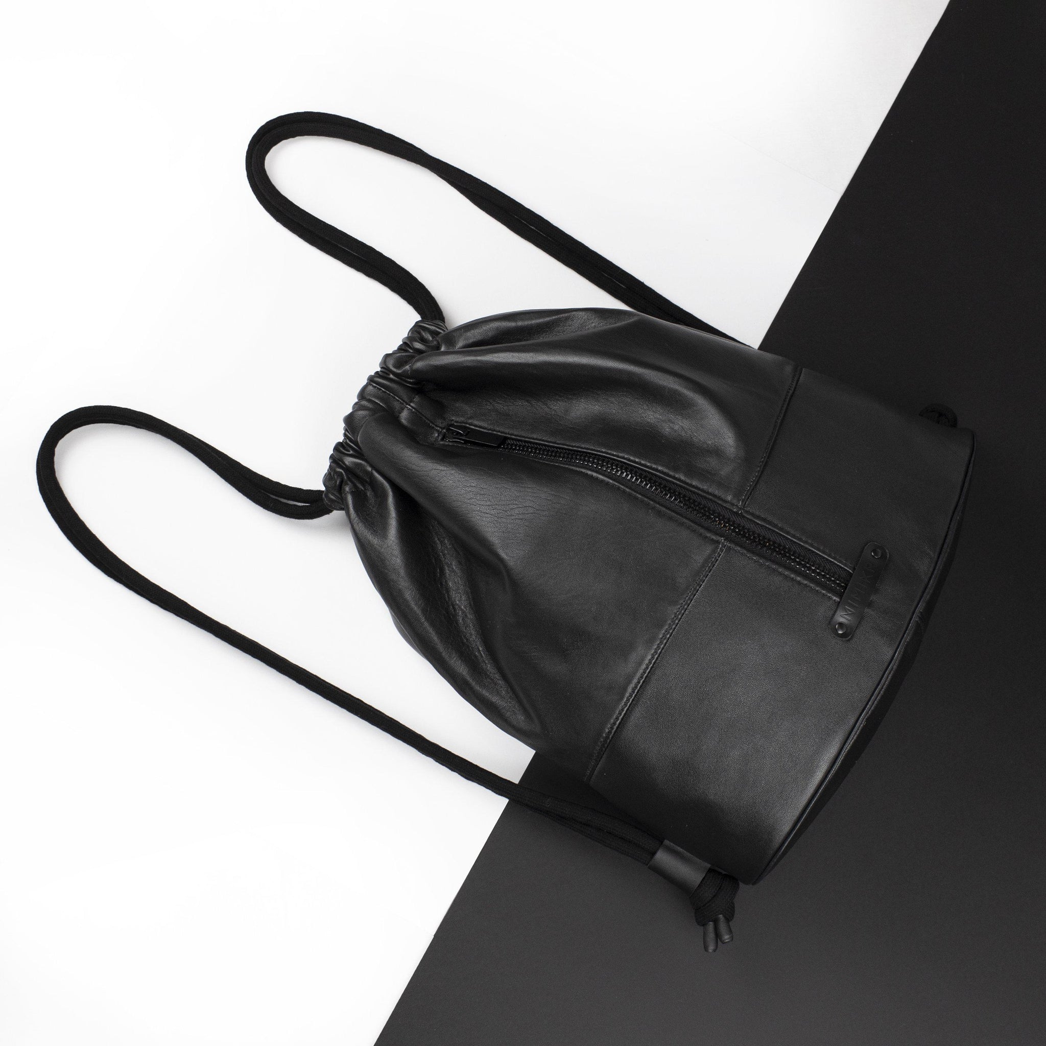 Genuine leather black backpack drawstring gymbag-Backpack, bag_for_work_travel, black, black leather, designer, diaper, drawstring, geometric, gym_bag, gymbag, handmade, leather backpack, minimal, recycled, rucksack, sporty, travel, unique, vintage, zipper-Mimikri