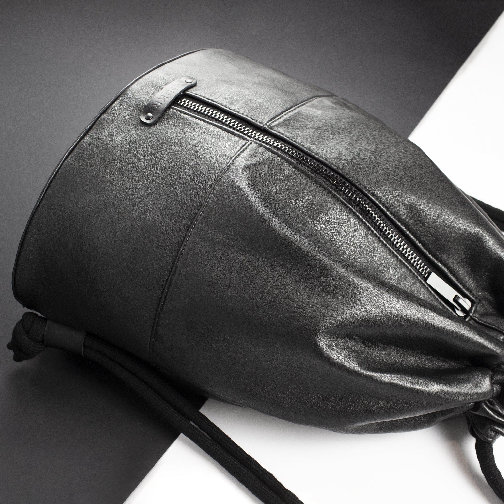 Genuine leather black backpack drawstring gymbag-Backpack, bag_for_work_travel, black, black leather, designer, diaper, drawstring, geometric, gym_bag, gymbag, handmade, leather backpack, minimal, recycled, rucksack, sporty, travel, unique, vintage, zipper-Mimikri