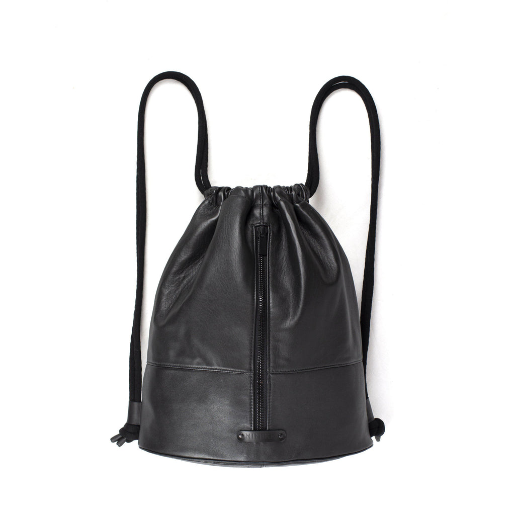 Genuine leather black backpack drawstring gymbag-Backpack, bag_for_work_travel, black, black leather, designer, diaper, drawstring, geometric, gym_bag, gymbag, handmade, leather backpack, minimal, recycled, rucksack, sporty, travel, unique, vintage, zipper-Mimikri