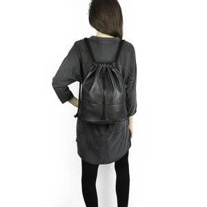 Genuine leather black backpack drawstring gymbag-Backpack, bag_for_work_travel, black, black leather, designer, diaper, drawstring, geometric, gym_bag, gymbag, handmade, leather backpack, minimal, recycled, rucksack, sporty, travel, unique, vintage, zipper-Mimikri