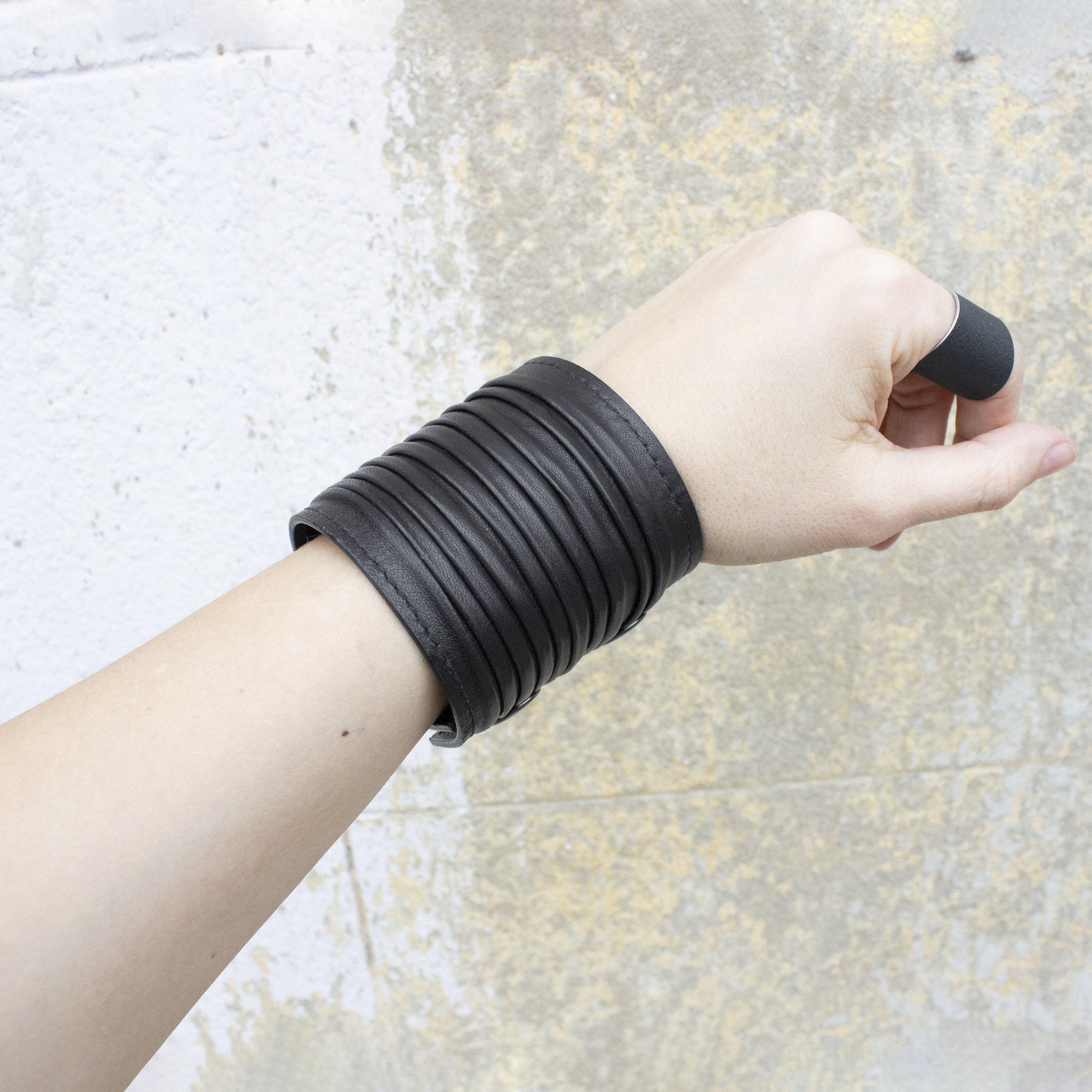 Wide black leather bracelet cuff bangles recycled leather pleated-bangles, black, black leather, Bracelet, cuff, designer, designer jewelry, double_wrap, geometric, goth, hand_painted, Jewelry, leather bracelet, leather jewelry, minimal, minimalist, pleated, punk, recycled, Recycled jewelry, recycled_leather, scratched, simple, wide, wide bracelet, wrap-Mimikri