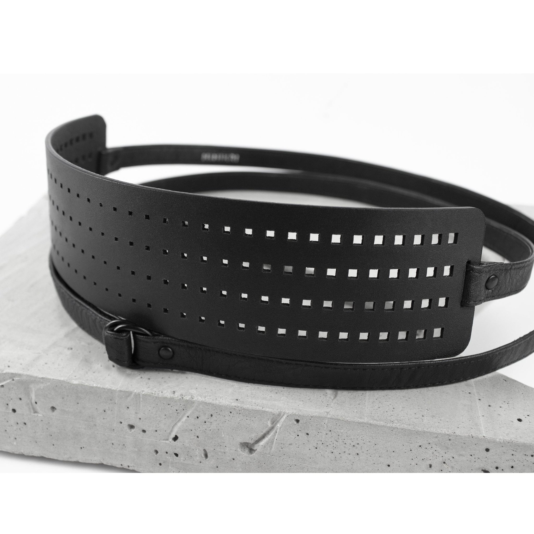 Laser cut recycled leather belt-Accessories, adjustable, Belt, black, black_leather, designer, designer_belt, genuine leather, geometric, hollow_out, laser_cut, leather belt, leather wrap belt, leather_belt, long_wrap, minimal, minimalist, obi_belt, plus_size_belt, recycled, recycled_leather, sash_belt, sustainable, tie, wide_belt, wrap-Mimikri