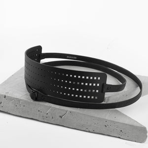 Laser cut recycled leather belt-Accessories, adjustable, Belt, black, black_leather, designer, designer_belt, genuine leather, geometric, hollow_out, laser_cut, leather belt, leather wrap belt, leather_belt, long_wrap, minimal, minimalist, obi_belt, plus_size_belt, recycled, recycled_leather, sash_belt, sustainable, tie, wide_belt, wrap-Mimikri