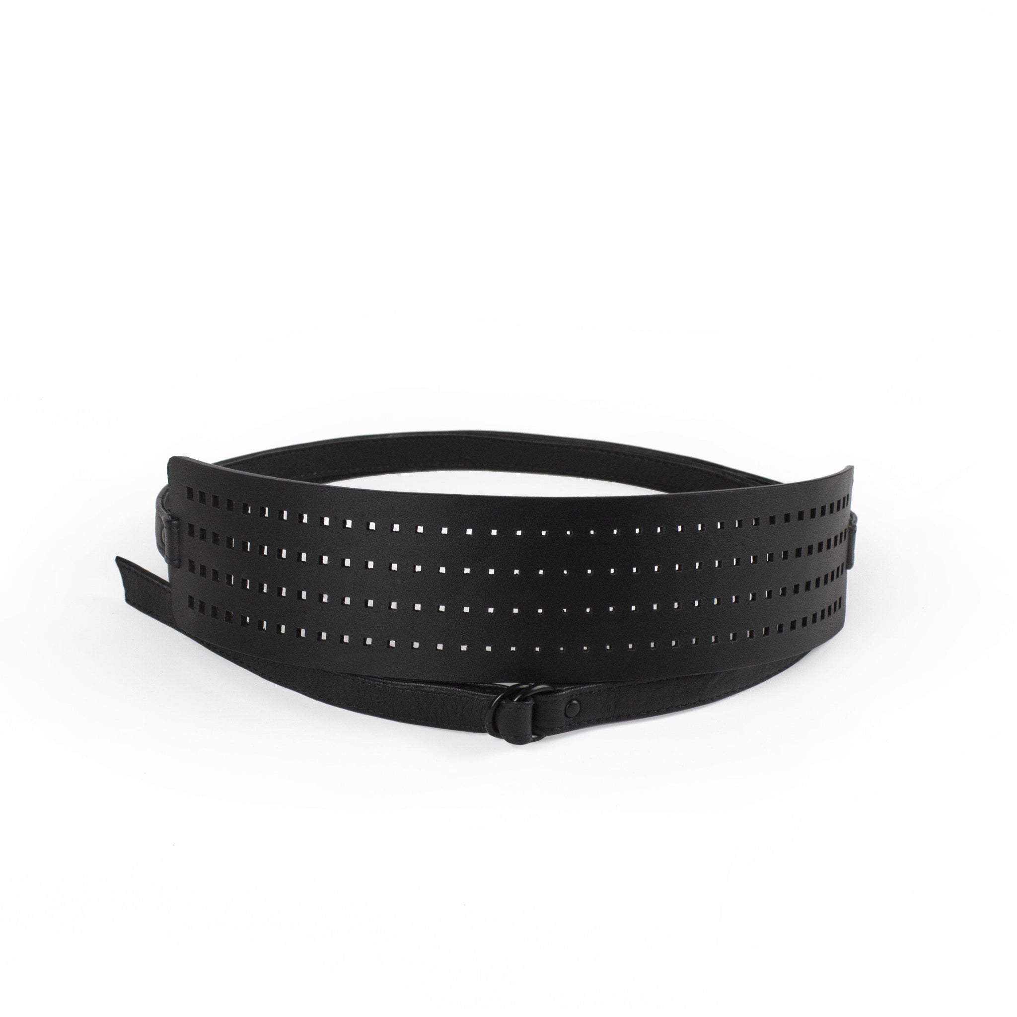 Laser cut recycled leather belt-Accessories, adjustable, Belt, black, black_leather, designer, designer_belt, genuine leather, geometric, hollow_out, laser_cut, leather belt, leather wrap belt, leather_belt, long_wrap, minimal, minimalist, obi_belt, plus_size_belt, recycled, recycled_leather, sash_belt, sustainable, tie, wide_belt, wrap-Mimikri