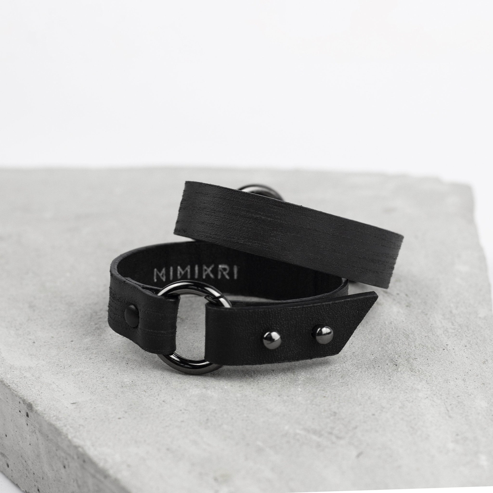 Genuine leather black bracelet with ring, women's cuff minimal bracelet-bangles, black, black leather, Bracelet, cuff, designer, designer jewelry, geometric, goth, Jewelry, leather bracelet, leather jewelry, minimal, minimalist, o ring, punk, recycled, scratched, simple, slim cuff, thin bracelet, wrap-Mimikri