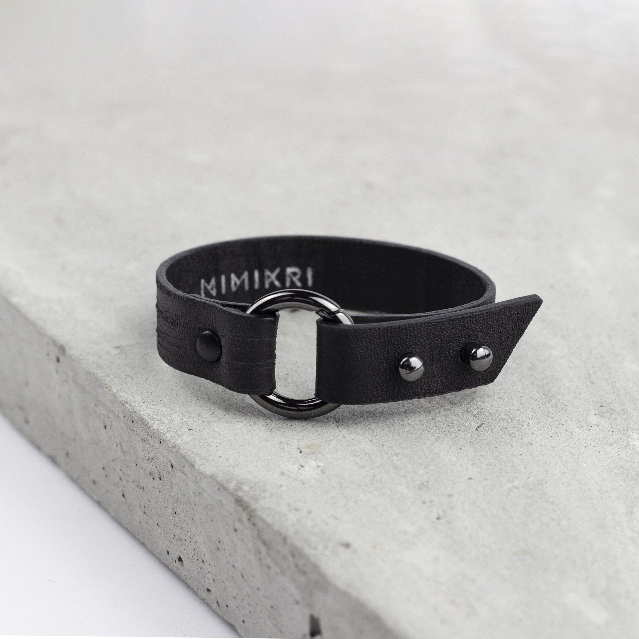 Genuine leather black bracelet with ring, women's cuff minimal bracelet-bangles, black, black leather, Bracelet, cuff, designer, designer jewelry, geometric, goth, Jewelry, leather bracelet, leather jewelry, minimal, minimalist, o ring, punk, recycled, scratched, simple, slim cuff, thin bracelet, wrap-Mimikri