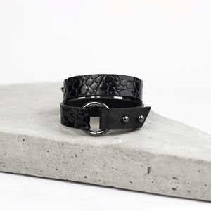 Genuine leather black bracelet with ring, women's cuff minimal bracelet-bangles, black, black leather, Bracelet, crocodile pattern, cuff, designer, designer jewelry, geometric, goth, Jewelry, leather bracelet, leather jewelry, minimal, minimalist, o ring, patent, patent leather, punk, recycled, simple, slim cuff, thin bracelet, wrap-Mimikri