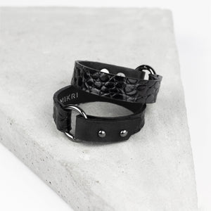 Genuine leather black bracelet with ring, women's cuff minimal bracelet-bangles, black, black leather, Bracelet, crocodile pattern, cuff, designer, designer jewelry, geometric, goth, Jewelry, leather bracelet, leather jewelry, minimal, minimalist, o ring, patent, patent leather, punk, recycled, simple, slim cuff, thin bracelet, wrap-Mimikri