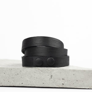 Men's black recycled leather bracelet thin triple wrap multistrand-bangles, black, black leather, Bracelet, cuff, designer, designer jewelry, geometric, goth, Jewelry, leather bracelet, leather jewelry, mens bracelet, minimal, minimalist, multistrand, recycled, scratched, simple, slim cuff, thin bracelet, triple wrap, wrap-Mimikri