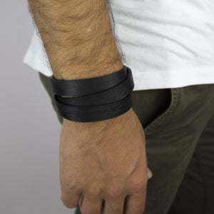 Men's black recycled leather bracelet thin triple wrap multistrand-bangles, black, black leather, Bracelet, cuff, designer, designer jewelry, geometric, goth, Jewelry, leather bracelet, leather jewelry, mens bracelet, minimal, minimalist, multistrand, recycled, scratched, simple, slim cuff, thin bracelet, triple wrap, wrap-Mimikri