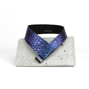 Holographic purple leather collar minimal choker geometric oriental style-black, black leather, black necklace, choker, collar, colorful, colourful, crocodile, designer, designer jewelry, geometric, goth, holo, holographic, iridescent, Jewelry, leather choker, leather jewelry, leather necklace, minimal, minimalist, Necklace, pattern, rainbow, recycled, Recycled jewelry, recycled_leather, simple, tie, unique, wide, wide necklace-Mimikri