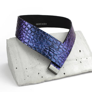 Holographic purple leather collar minimal choker geometric oriental style-black, black leather, black necklace, choker, collar, colorful, colourful, crocodile, designer, designer jewelry, geometric, goth, holo, holographic, iridescent, Jewelry, leather choker, leather jewelry, leather necklace, minimal, minimalist, Necklace, pattern, rainbow, recycled, Recycled jewelry, recycled_leather, simple, tie, unique, wide, wide necklace-Mimikri