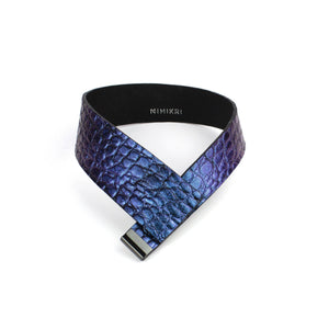 Holographic purple leather collar minimal choker geometric oriental style-black, black leather, black necklace, choker, collar, colorful, colourful, crocodile, designer, designer jewelry, geometric, goth, holo, holographic, iridescent, Jewelry, leather choker, leather jewelry, leather necklace, minimal, minimalist, Necklace, pattern, rainbow, recycled, Recycled jewelry, recycled_leather, simple, tie, unique, wide, wide necklace-Mimikri