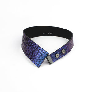 Holographic purple leather collar minimal choker geometric oriental style-black, black leather, black necklace, choker, collar, colorful, colourful, crocodile, designer, designer jewelry, geometric, goth, holo, holographic, iridescent, Jewelry, leather choker, leather jewelry, leather necklace, minimal, minimalist, Necklace, pattern, rainbow, recycled, Recycled jewelry, recycled_leather, simple, tie, unique, wide, wide necklace-Mimikri