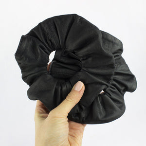 Leather scrunchie black - recycled leather hair tie-black, black leather, designer, designer jewelry, elastic, geometric, goth, hair accessory, hair jewelry, hair tie, leather jewelry, minimal, minimalist, Necklace, recycled, Recycled jewelry, recycled_leather, scrunchie, simple, tie, unique, vintage, wide-Mimikri