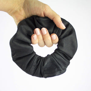 Leather scrunchie black - recycled leather hair tie-black, black leather, designer, designer jewelry, elastic, geometric, goth, hair accessory, hair jewelry, hair tie, leather jewelry, minimal, minimalist, Necklace, recycled, Recycled jewelry, recycled_leather, scrunchie, simple, tie, unique, vintage, wide-Mimikri