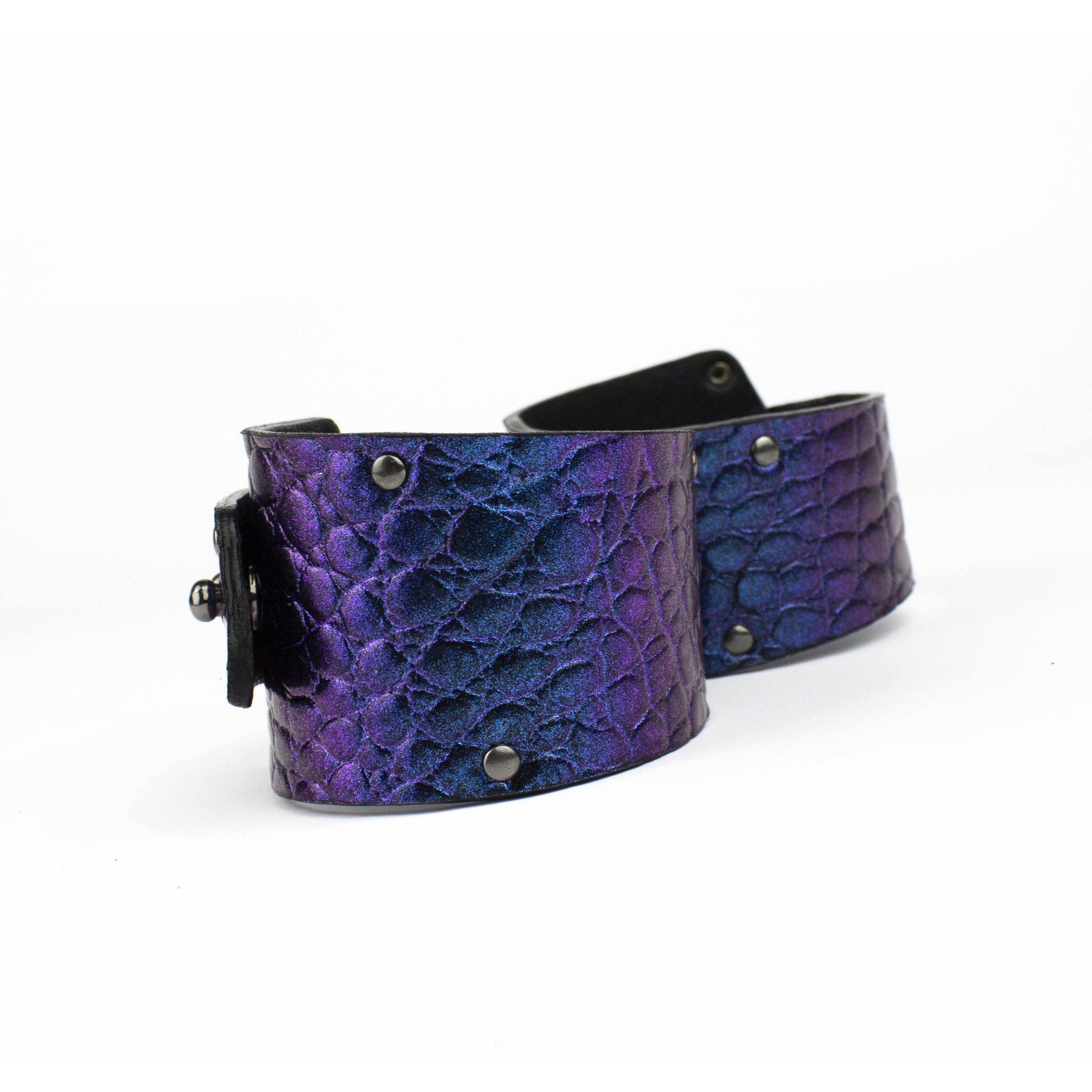 Women's leather wide cuff bracelet bangles rainbow blue-bangles, blue, blue leather, Bracelet, chameleon, colorful, colourful, cuff, designer, designer jewelry, geometric, holo, holographic, holographic leather, iridescent, Jewelry, leather bracelet, leather jewelry, minimal, rainbow, recycled, steampunk, studded, wide, with studs-Mimikri