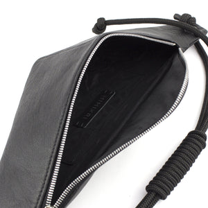 THEO Black leather triangle-shaped bum bag-black leather bag, black nubuck, black_leather, bum_bag, crossbody, designer, festival, geometric, leather crossbody, leather festival bag, men's bum bag, minimal, minimalist, monochrome, recycled_leather, rope, triangle, unisex bum bag, waist_bag-Mimikri