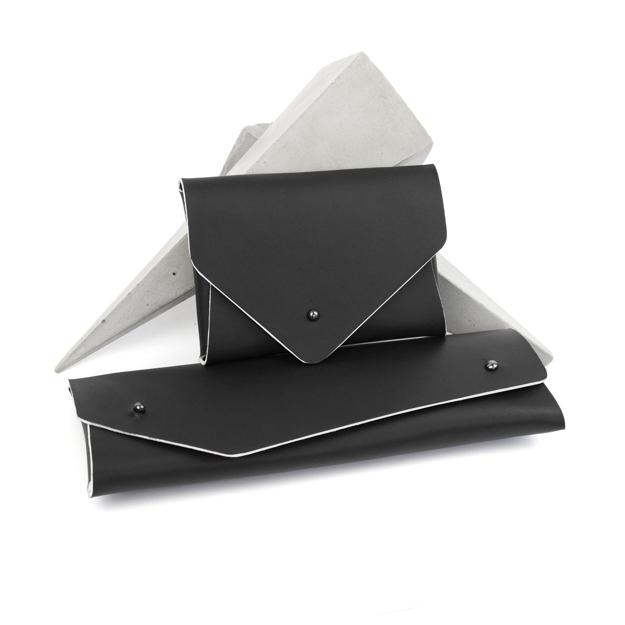 Card holder + pencil case black-asymmetrical, Bags_And_Purses, black, black and white, black case, black leather, black leather pouch, blue, card_case, deep blue, design, designer, geometric, glasses, glasses case, holder, leather accessories, leather case, leather wallet, minimal, minimalist, neon, pen_holder, pencil_case, pouch, purse, triangle, wallet, white-Mimikri