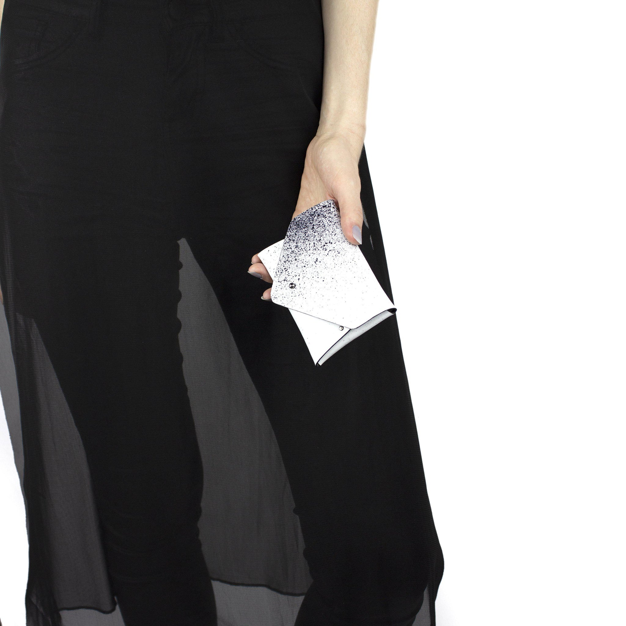 Card holder / coin purse white and black-asymmetrical, black and white, black leather, black pouch, card, card holder, card_case, coin purse, design, designer, geometric, hand painted, holder, leather accessories, minimal, minimalist, pouch, purse, simple, splashed, splatter, splattered, sporty, triangle, wallet, white, white leather, white pouch-Mimikri