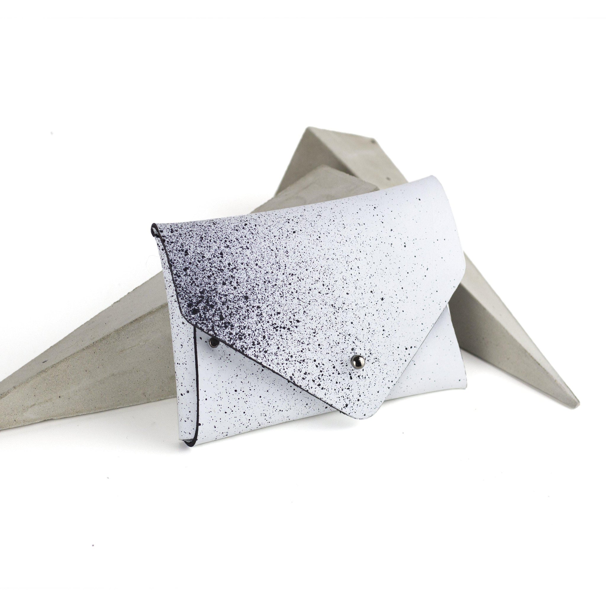 Card holder / coin purse white and black-asymmetrical, black and white, black leather, black pouch, card, card holder, card_case, coin purse, design, designer, geometric, hand painted, holder, leather accessories, minimal, minimalist, pouch, purse, simple, splashed, splatter, splattered, sporty, triangle, wallet, white, white leather, white pouch-Mimikri