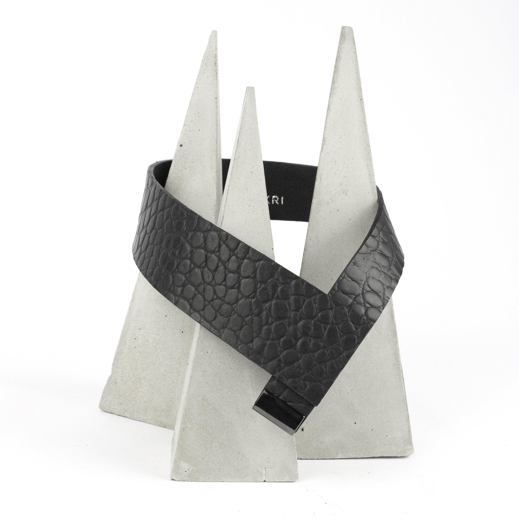 Black leather collar minimal choker geometric oriental style-adjustable, black, black leather, black necklace, choker, collar, crocodile, crocodile pattern, designer, designer jewelry, geometric, goth, Jewelry, leather choker, leather jewelry, leather necklace, minimal, minimalist, Necklace, pattern, recycled, Recycled jewelry, recycled_leather, simple, tie, unique, wide, wide necklace-Mimikri