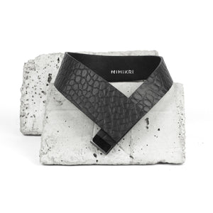 Black leather collar minimal choker geometric oriental style-adjustable, black, black leather, black necklace, choker, collar, crocodile, crocodile pattern, designer, designer jewelry, geometric, goth, Jewelry, leather choker, leather jewelry, leather necklace, minimal, minimalist, Necklace, pattern, recycled, Recycled jewelry, recycled_leather, simple, tie, unique, wide, wide necklace-Mimikri
