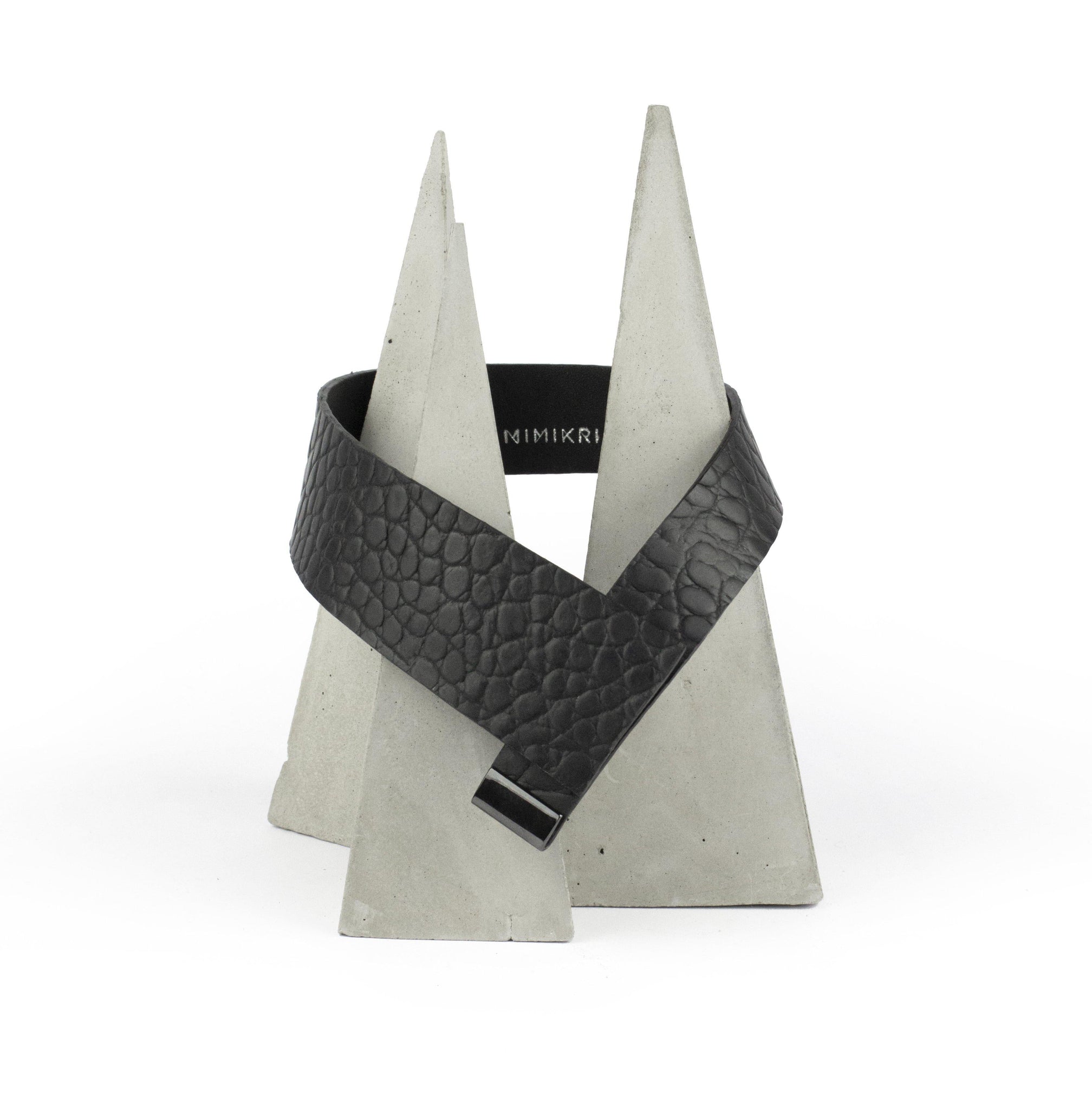 Black leather collar minimal choker geometric oriental style-adjustable, black, black leather, black necklace, choker, collar, crocodile, crocodile pattern, designer, designer jewelry, geometric, goth, Jewelry, leather choker, leather jewelry, leather necklace, minimal, minimalist, Necklace, pattern, recycled, Recycled jewelry, recycled_leather, simple, tie, unique, wide, wide necklace-Mimikri