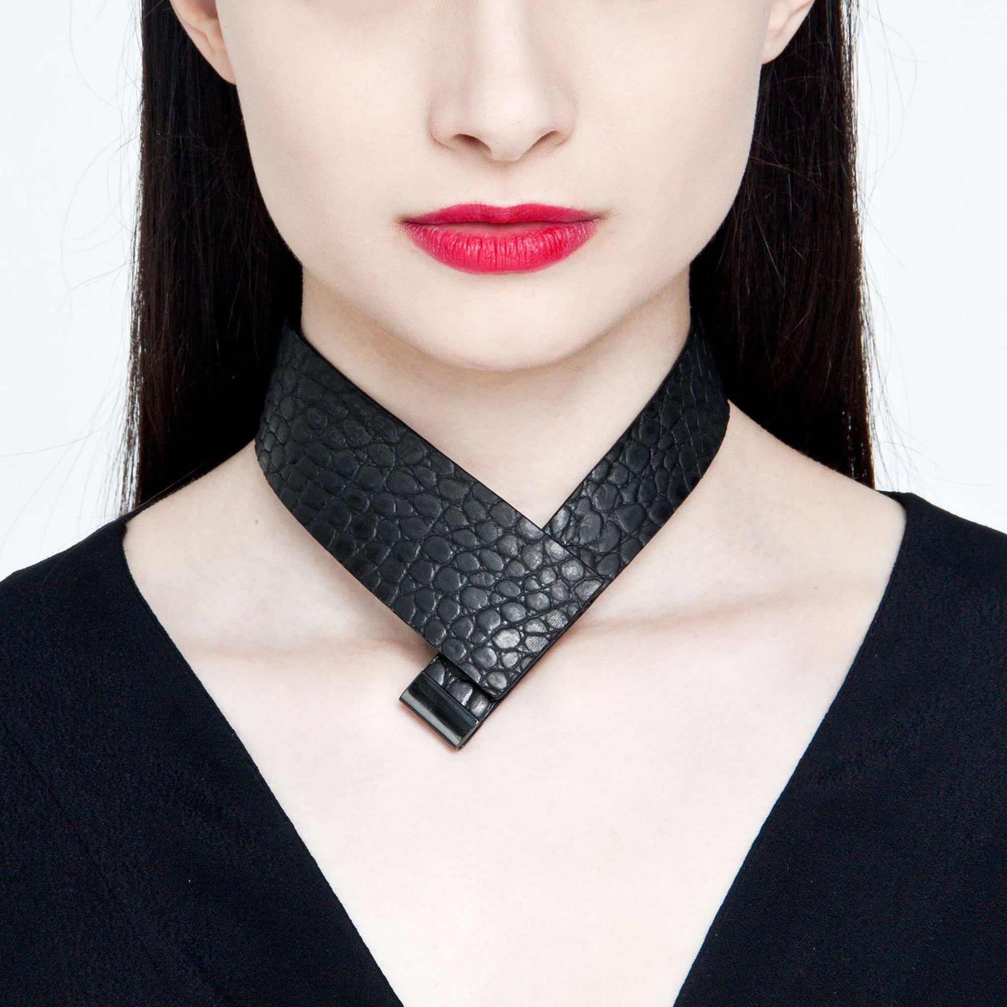 Black leather choker necklace collar minimal recycled – MIMIKRI Design