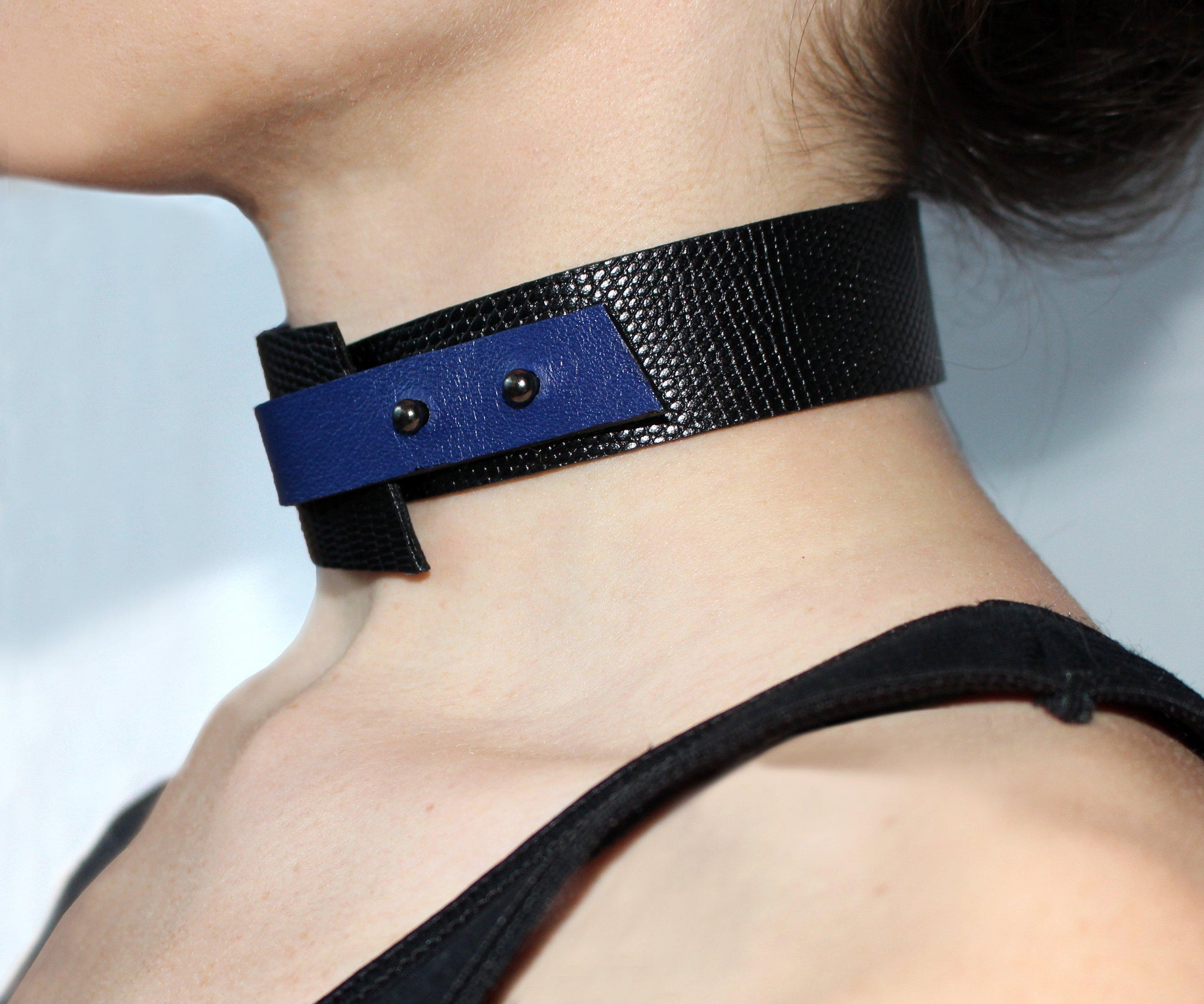 Reversible black + blue collar necklace-adjustable, black, black and blue, black leather, black necklace, blue, bright, choker, collar, designer, Designer jewelry, geometric, goth, Jewelry, leather choker, leather chokerchoker, leather collar, leather jewelry, leather necklace, minimal, minimalist, Necklace, recycled, Recycled jewelry, recycled_leather, simple, tie, unique, wide necklace-Mimikri
