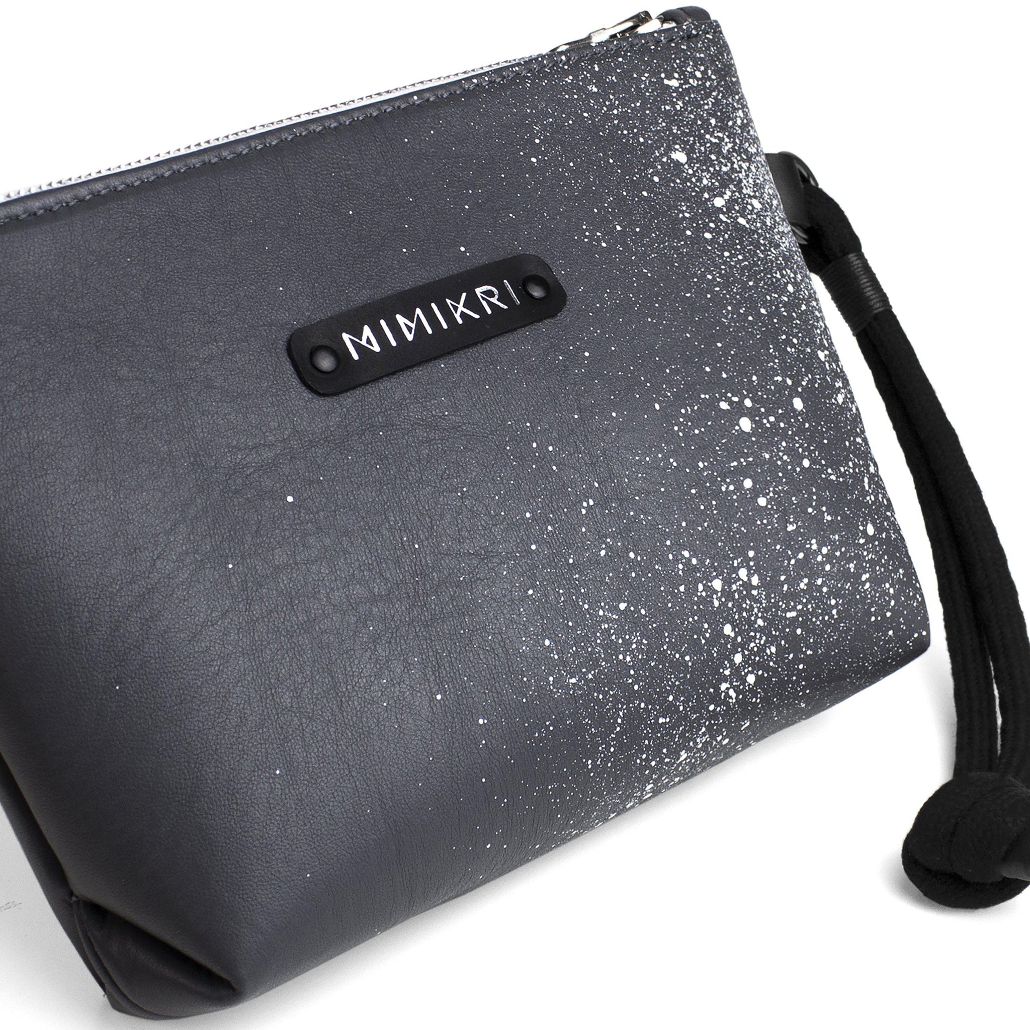 Gray and white leather makeup / clutch bag hand painted-black and white, Clutch, cosmetic bag, designer, designer bag, evening bag, evening_bag, geometric, gray, gray leather, hand painted, handbag, leather bag, leather clutch, makeup bag, minimal, minimalist, pouch, purse, shaving bag, small leather bag, travel bag-Mimikri