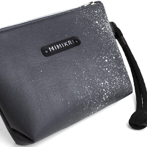 Gray and white leather makeup / clutch bag hand painted-black and white, Clutch, cosmetic bag, designer, designer bag, evening bag, evening_bag, geometric, gray, gray leather, hand painted, handbag, leather bag, leather clutch, makeup bag, minimal, minimalist, pouch, purse, shaving bag, small leather bag, travel bag-Mimikri