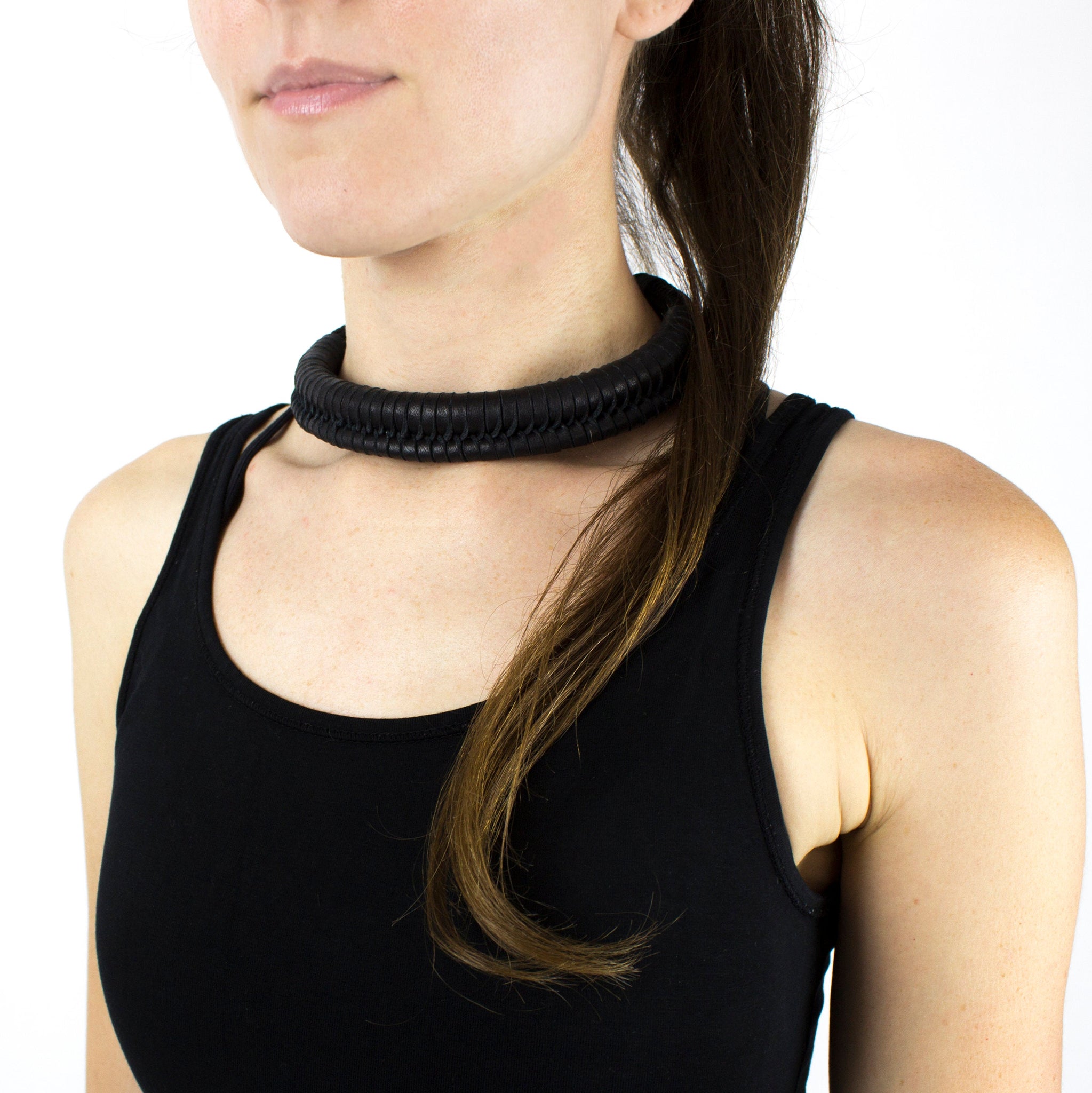 Black leather and rope necklace handmade minimal macrame knotted-adjustable, black, black leather necklace, black necklace, bold, collar, designer, designer jewelry, hand-woven, Jewelry, knotted, leather jewelry, leather necklace, macrame, minimal, minimalist, Necklace, recycled, recycled jewelry, recycled_leather, string, thick, tie, unique-Mimikri