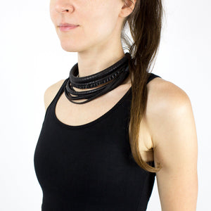 Black genuine leather and rope necklace, macrame knotted multistrand collar-adjustable, black, black leather necklace, black necklace, bold, choker, collar, designer, designer jewelry, Jewelry, knotted, leather choker, leather jewelry, leather necklace, minimal, minimalist, multistrand, Necklace, recycled, recycled jewelry, string, strips, thick, tie, unique-Mimikri