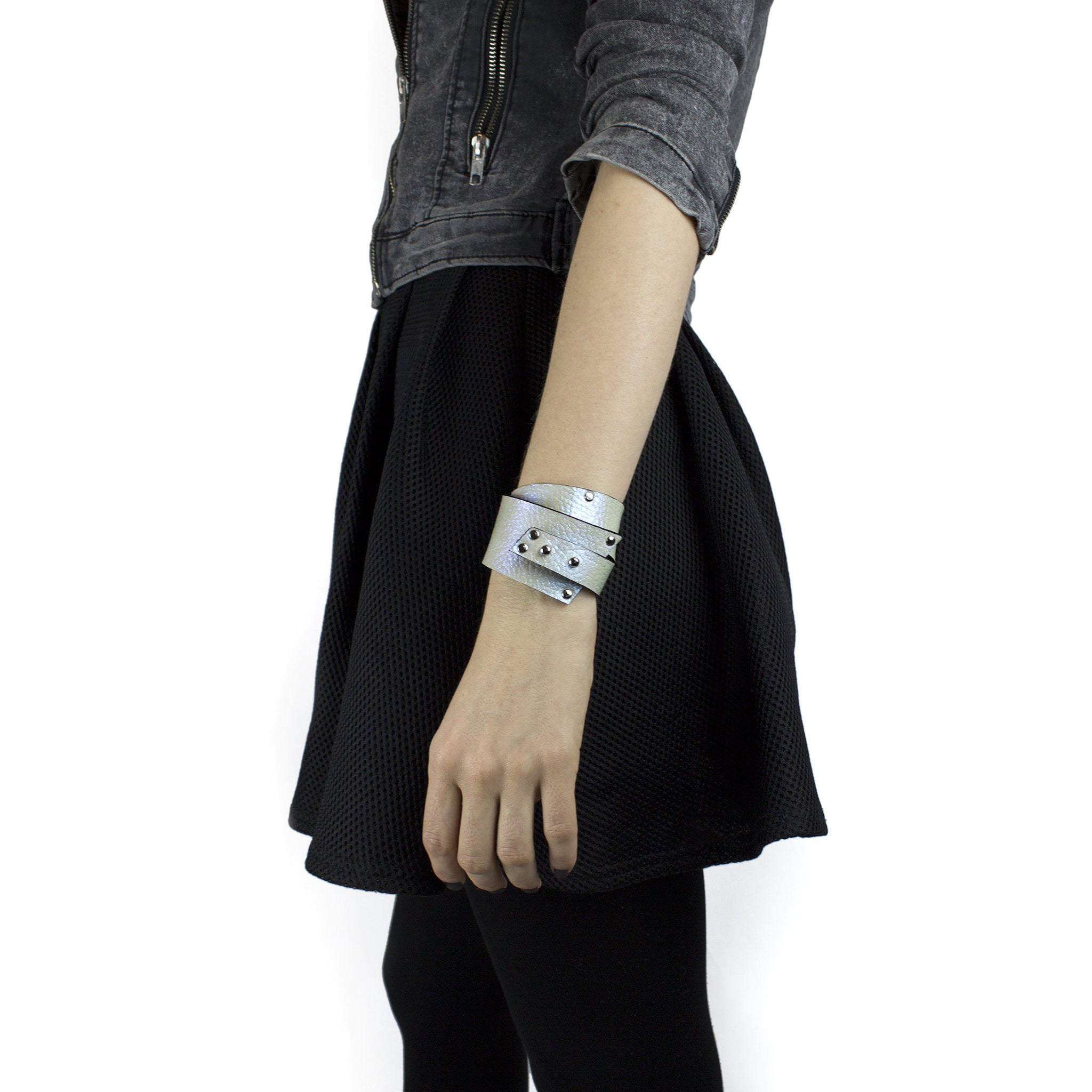 Women's genuine leather wide cuff bracelet statement bangle iridescent holo holographic double wrap-bangles, Bracelet, colorful, cuff, designer, designer jewelry, double wrap, double_wrap, geometric, hand_painted, holo, holographic, iridescent, Jewelry, leather bracelet, leather jewelry, luxury, minimal, minimalist, rainbow, recycled, wrap-Mimikri