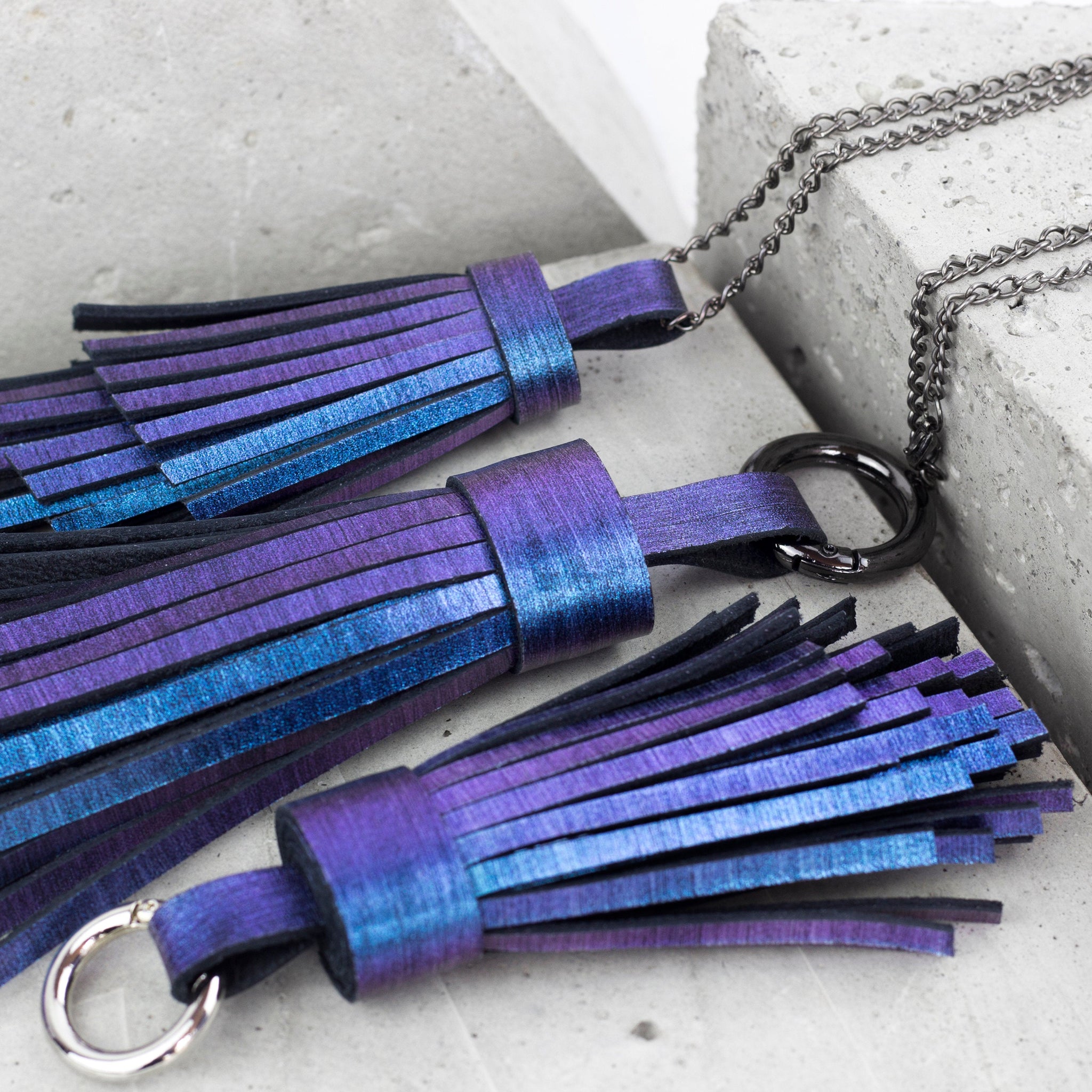 Leather Tassel Necklace Holographic-bag_charm, Designer jewelry, gift_for_her, holo, holographic, iridescent, Jewelry, keychain, leaher_neklace, leather jewelry, leather necklace, leather tassel, leather_tassel, minimalist, multicolor, Necklace, rainbow, Recycled jewelry, tassel, tassel_necklace-Mimikri