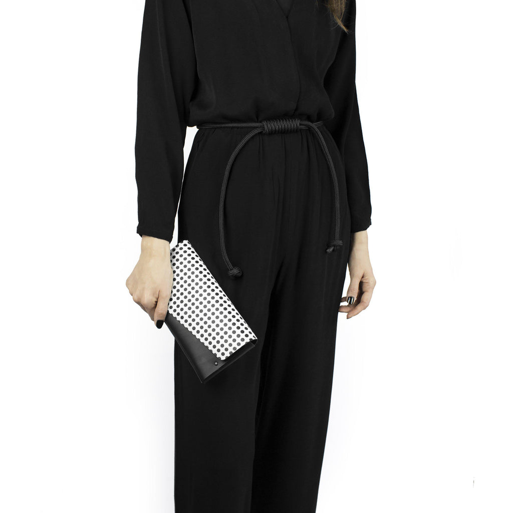 Minimal leather black festival bag / clutch black and white-black and white clutch, black leather, black_and_white, bum_bag, Clutch, convertible, crossbody, designer, designer bag, festival, geometric, geometrical, leather clutch, mesh, minimal, minimalist, perforated, rope, sporty, waist_bag-Mimikri