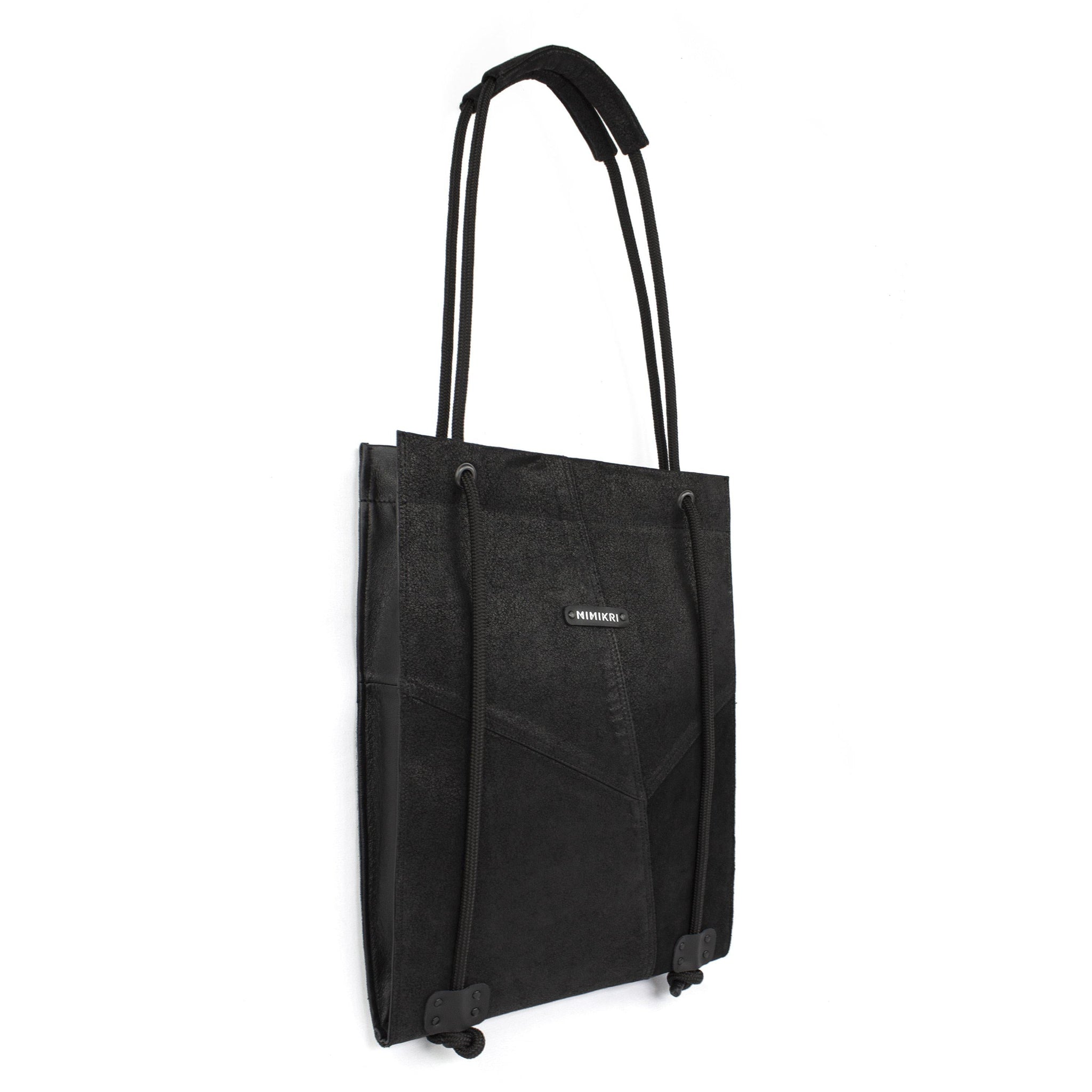 Black nappa leather laptop bag-adjustable, backpack, bag for work, black, black leather, black_leather, convertible, designer, designer bag, geometric, laptop_bag, large, leather tote, leather_bag, minimal, minimalist, recycled, rope, shoulder_bag, tote_bag-Mimikri
