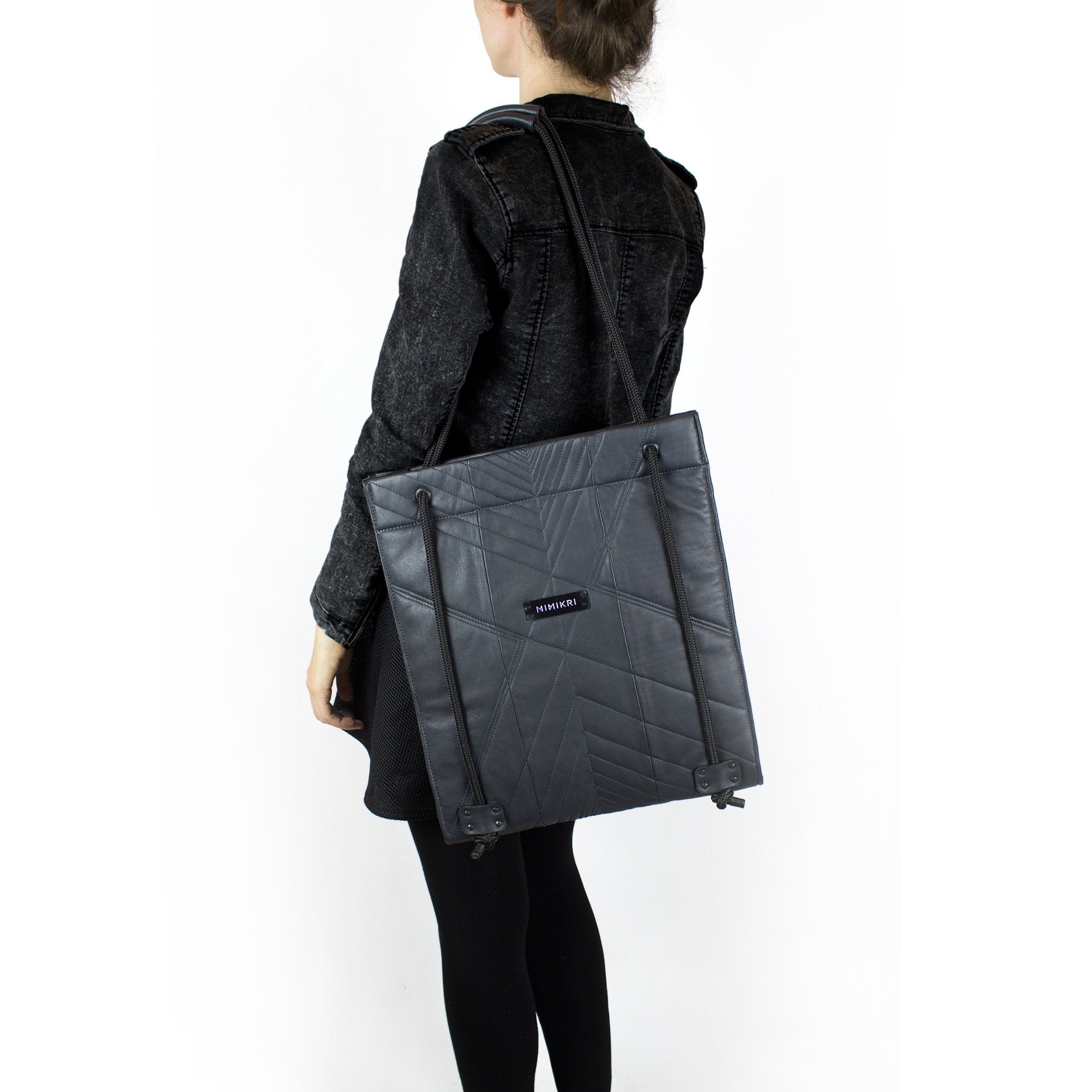 Gray leather quilted laptop bag-adjustable, backpack, bag for work, Bags_And_Purses, black, convertible, designer, geometric, gray, laptop_bag, leather, leather bag, leather tote, minimal, minimalist, quilted, recycled, rope, shoulder_bag, tote_bag-Mimikri
