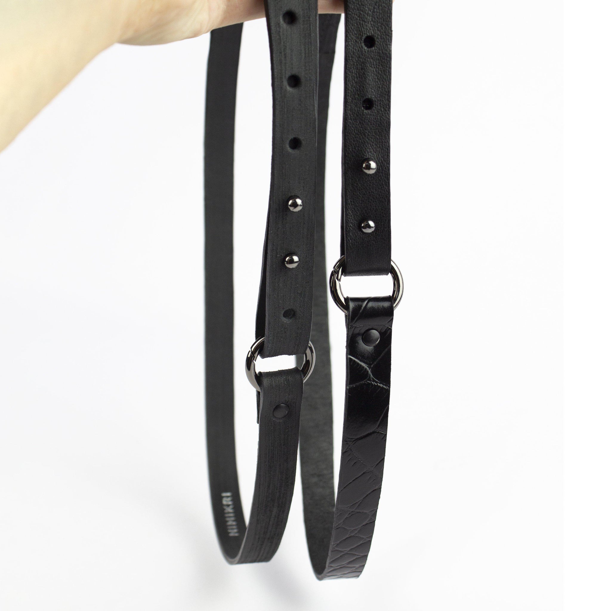 Recycled leather thin leather black belt with ring-Accessories, adjustable, Belt, black, black_leather, crocodile pattern, designer, designer_belt, genuine leather, leather belt, leather_belt, long_wrap, minimal, minimalist, o ring belt, patent, patent leather, plus_size_belt, recycled, recycled_leather, simple, sustainable, thin belt, wrap-Mimikri