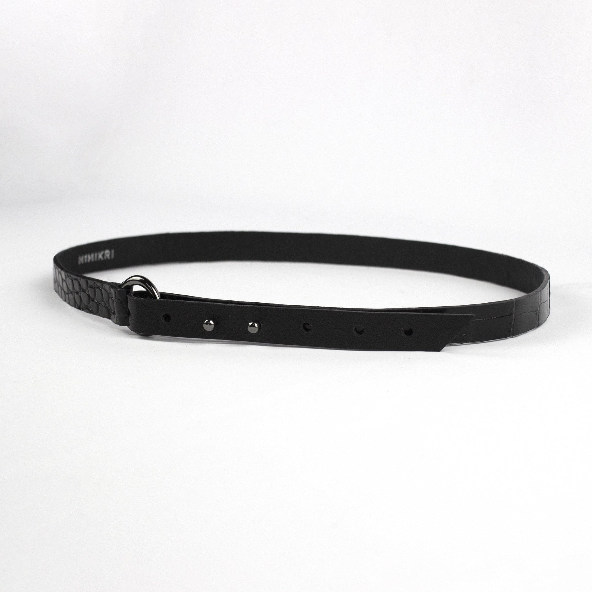 Recycled leather thin leather black belt with ring-Accessories, adjustable, Belt, black, black_leather, crocodile pattern, designer, designer_belt, genuine leather, leather belt, leather_belt, long_wrap, minimal, minimalist, o ring belt, patent, patent leather, plus_size_belt, recycled, recycled_leather, simple, sustainable, thin belt, wrap-Mimikri