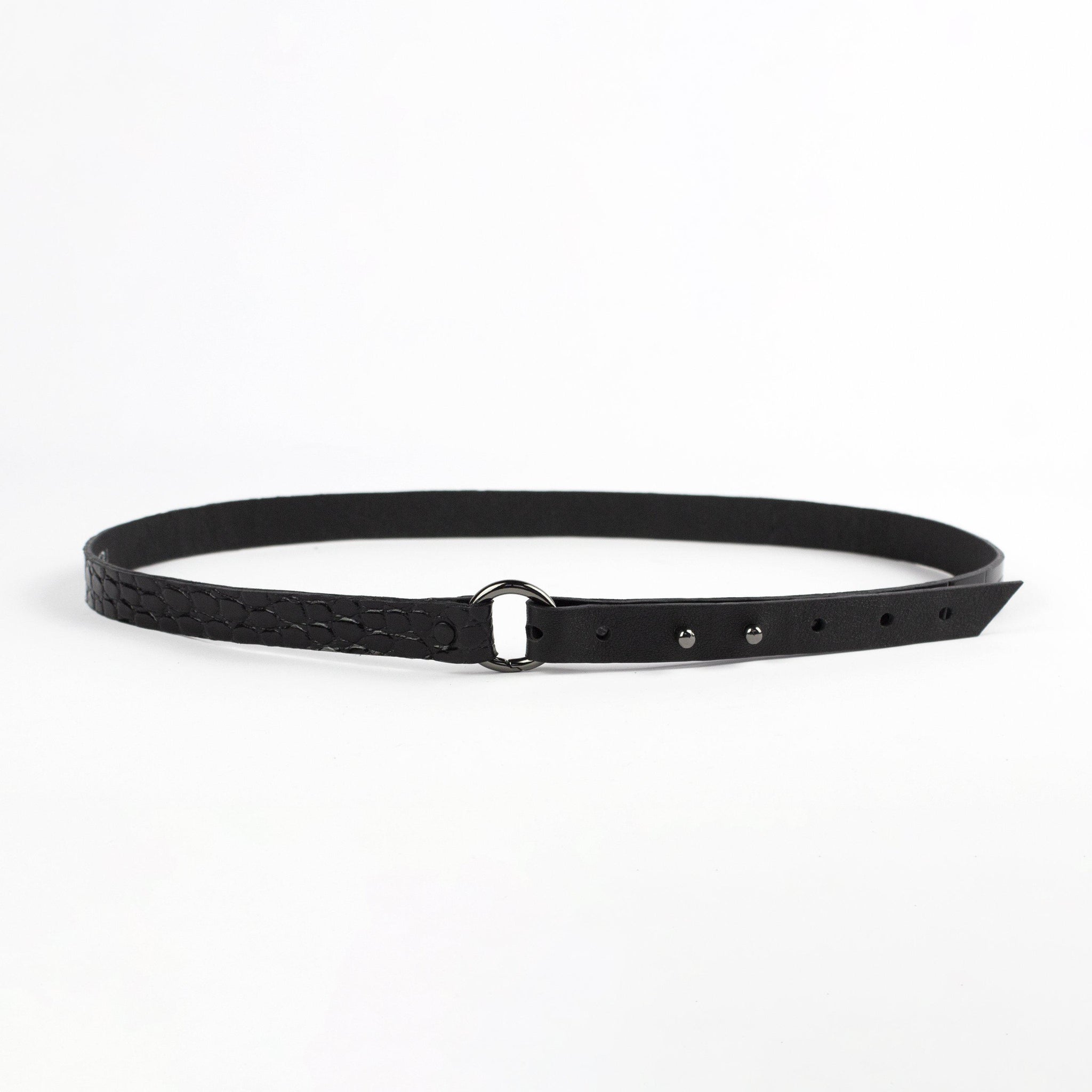 Recycled leather thin leather black belt with ring-Accessories, adjustable, Belt, black, black_leather, crocodile pattern, designer, designer_belt, genuine leather, leather belt, leather_belt, long_wrap, minimal, minimalist, o ring belt, patent, patent leather, plus_size_belt, recycled, recycled_leather, simple, sustainable, thin belt, wrap-Mimikri
