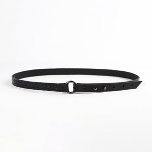 Recycled leather thin leather black belt with ring-Accessories, adjustable, Belt, black, black_leather, crocodile pattern, designer, designer_belt, genuine leather, leather belt, leather_belt, long_wrap, minimal, minimalist, o ring belt, patent, patent leather, plus_size_belt, recycled, recycled_leather, simple, sustainable, thin belt, wrap-Mimikri