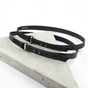 Recycled leather thin leather black belt with ring-Accessories, adjustable, Belt, black, black_leather, crocodile pattern, designer, designer_belt, genuine leather, leather belt, leather_belt, long_wrap, minimal, minimalist, o ring belt, patent, patent leather, plus_size_belt, recycled, recycled_leather, simple, sustainable, thin belt, wrap-Mimikri