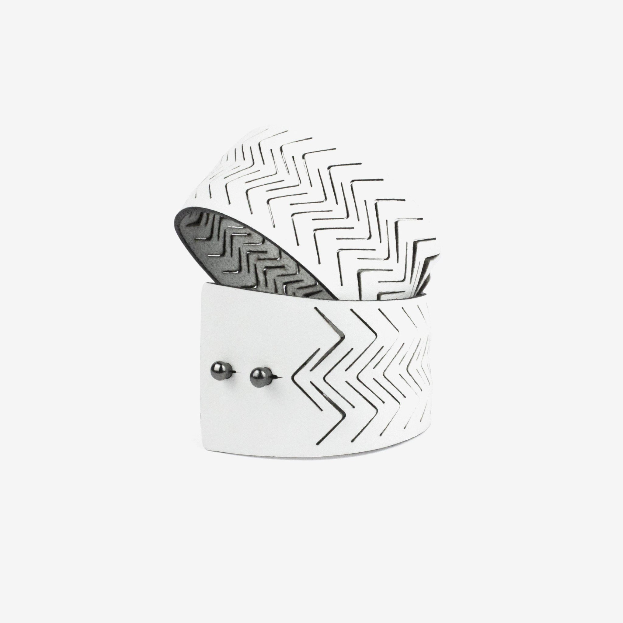 Genuine leather white bracelet, women's cuff wide bangles-adjustable, bangles, black and white, Bracelet, contemporary, cuff, design, designer, designer bracelet, designer jewelry, geometric, goth, Jewelry, laser_cut, leather bracelet, leather jewelry, minimal, minimalist, minimalist bracelet, monochrome, white, white leather, wide bracelet, zerowaste-Mimikri