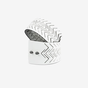 Genuine leather white bracelet, women's cuff wide bangles-adjustable, bangles, black and white, Bracelet, contemporary, cuff, design, designer, designer bracelet, designer jewelry, geometric, goth, Jewelry, laser_cut, leather bracelet, leather jewelry, minimal, minimalist, minimalist bracelet, monochrome, white, white leather, wide bracelet, zerowaste-Mimikri